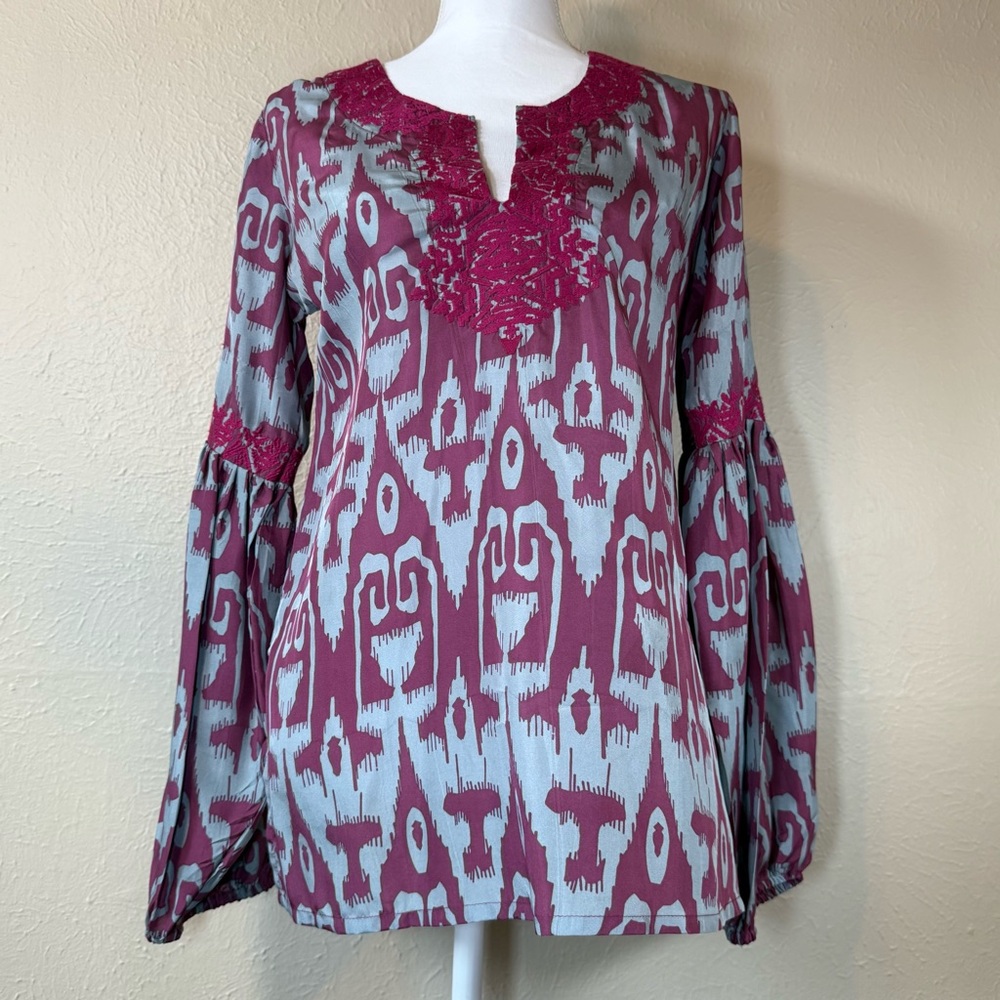 Silk Ikat Gray/Magenta Embroidered Tunic with Bell Sleeves  Boho Gypsy